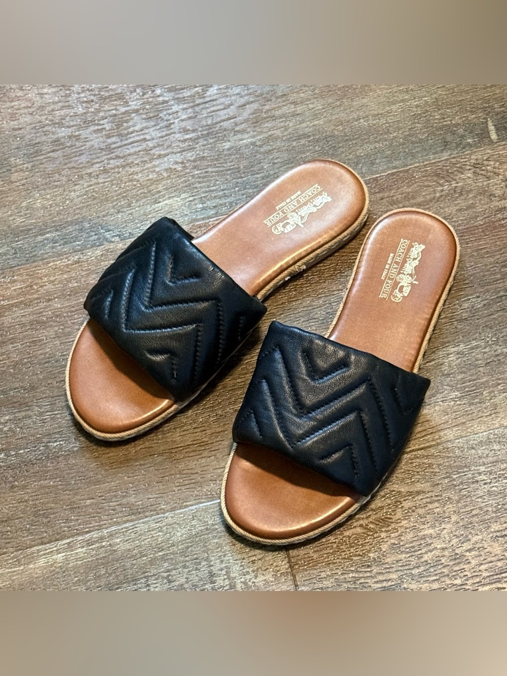 Coach and Four Leather Slide Sandals